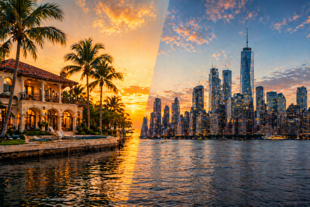 Florida waterfront home and New York City skyline representing NY to Florida real estate