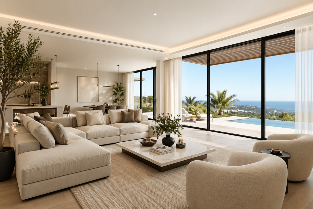 Luxury coastal living room with ocean view for home buyers