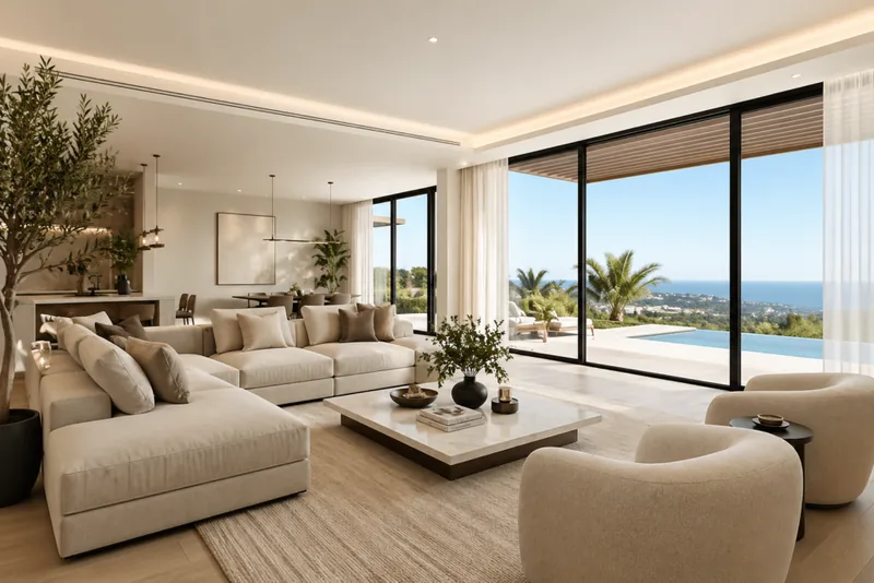 Luxury coastal living room with ocean view for home buyers