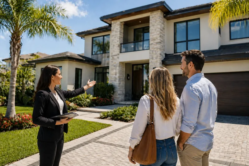 Real estate agent showing a modern Florida home to potential sellers